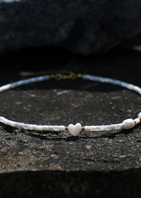 Boho Necklace, Seed Bead Choker, Pearl Heart